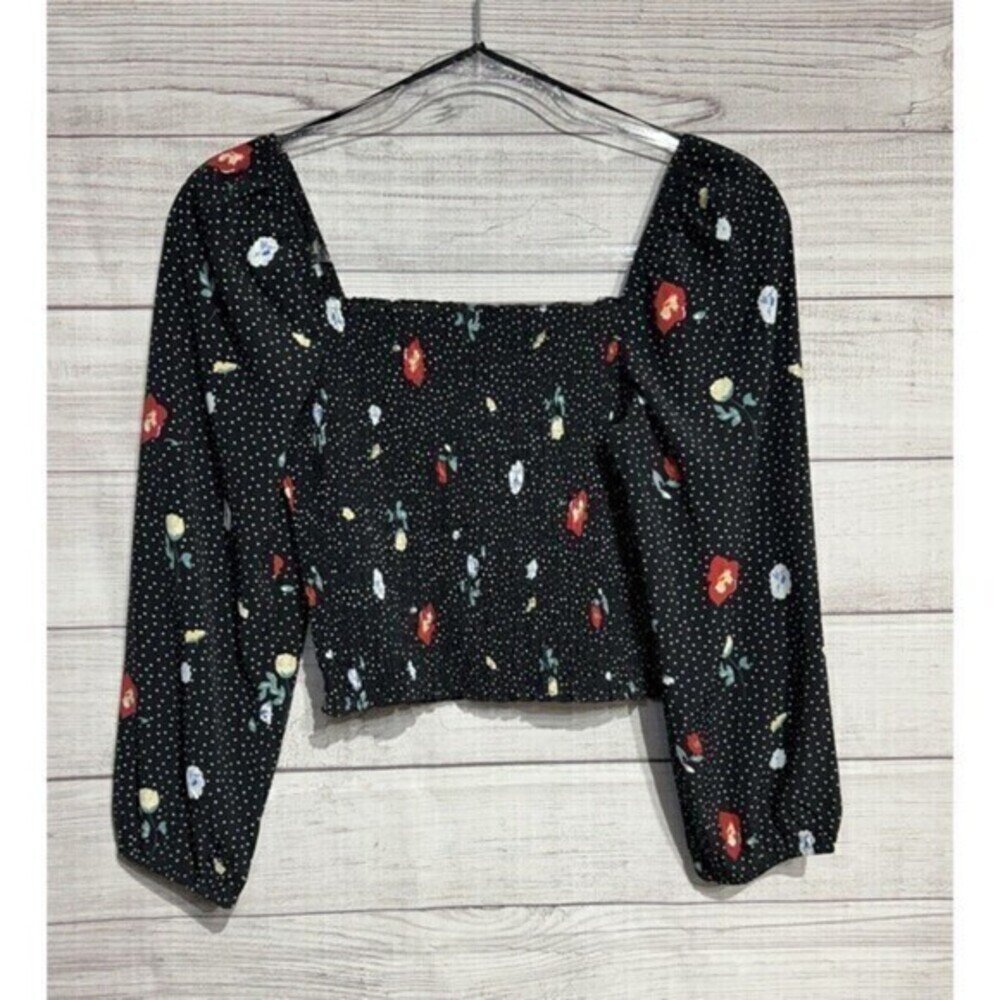 Cocktail Crop Top Floral Womens Size S Puffed Blue Polka Smocked Navy Prairie AF